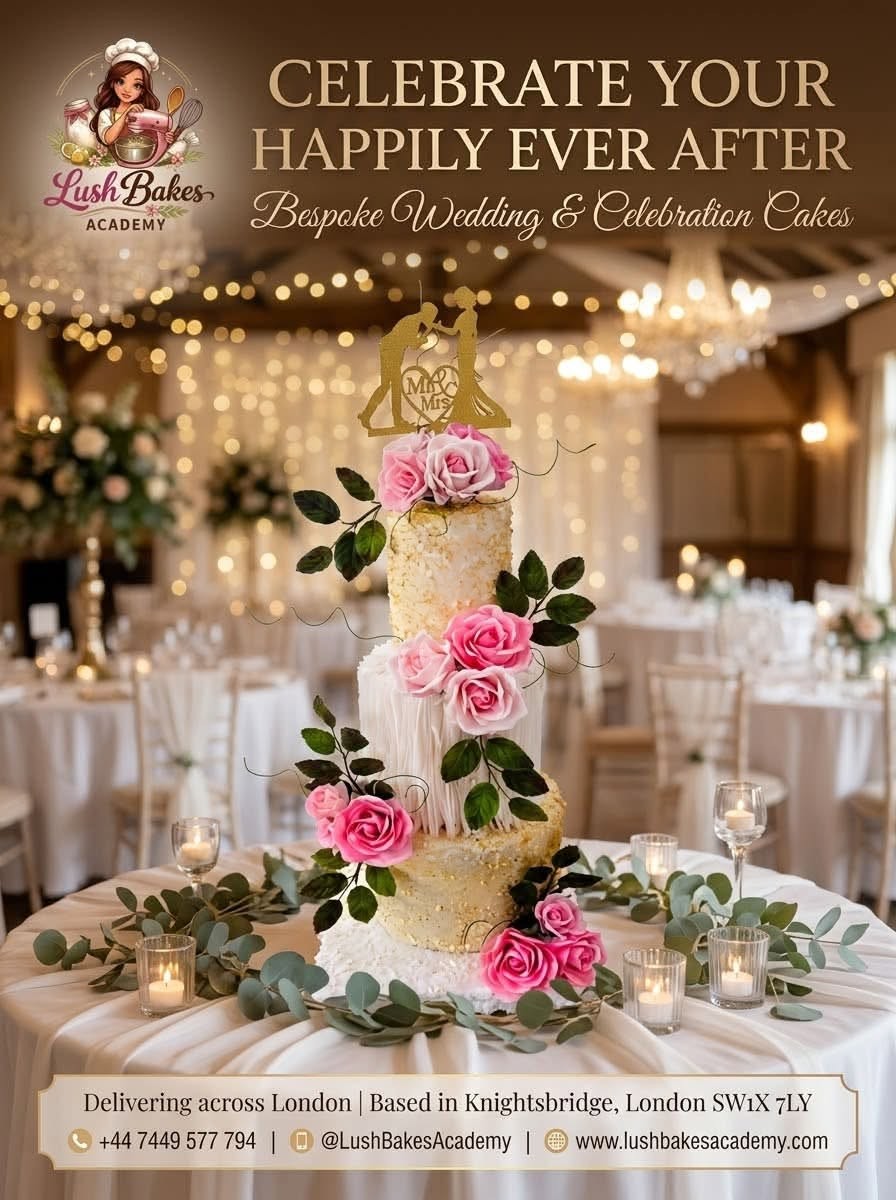 Lush Bakes floral three-tier wedding cake with pink roses and gold details